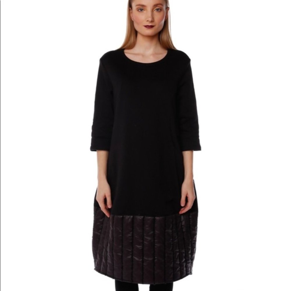 Black Long Sleeve Shift Dress with Quilted Hem Panel